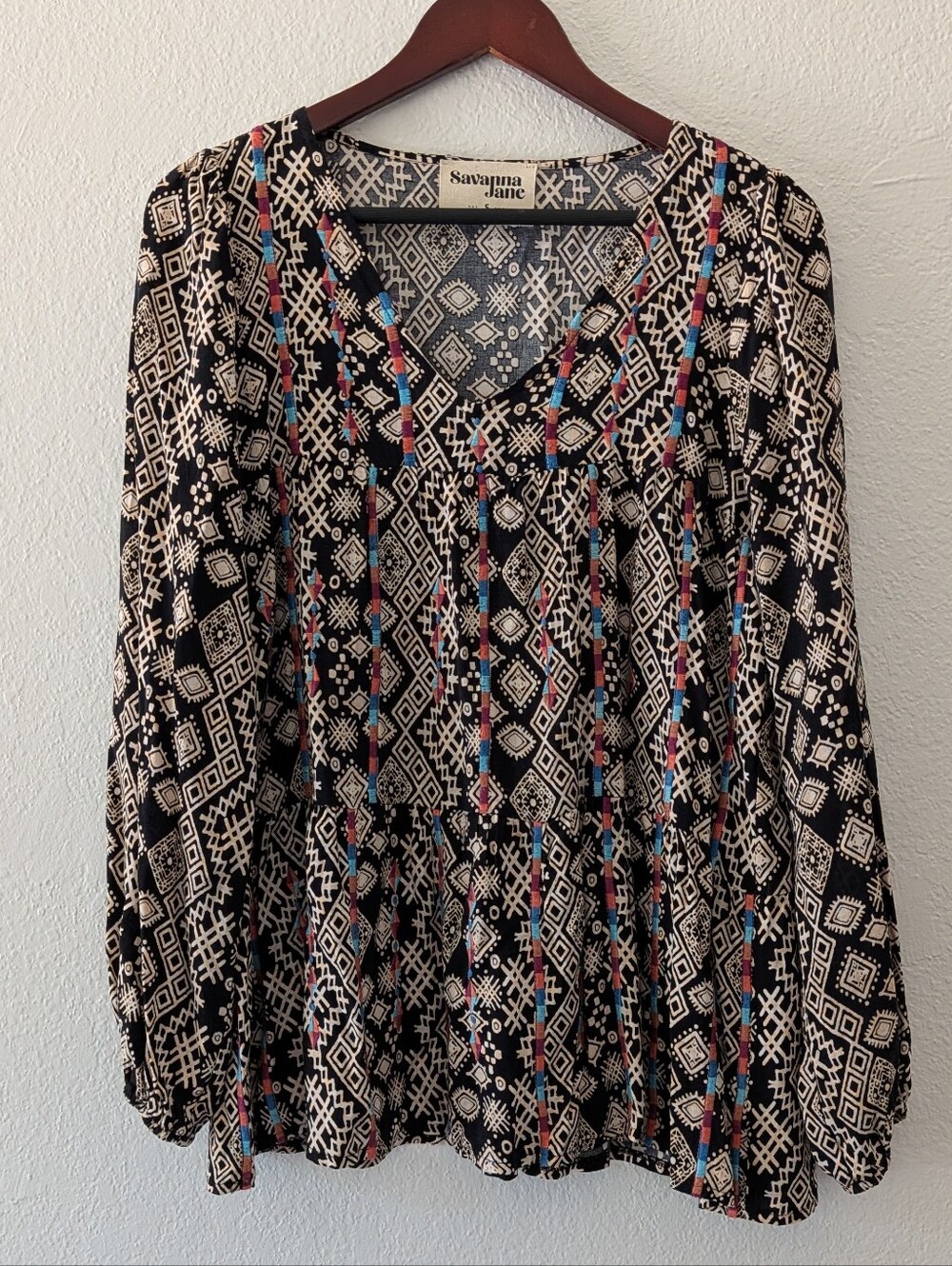 Savanna Jane Black Aztec Print  Colorful Embroidered Long Sleeve Flowy Blouse S